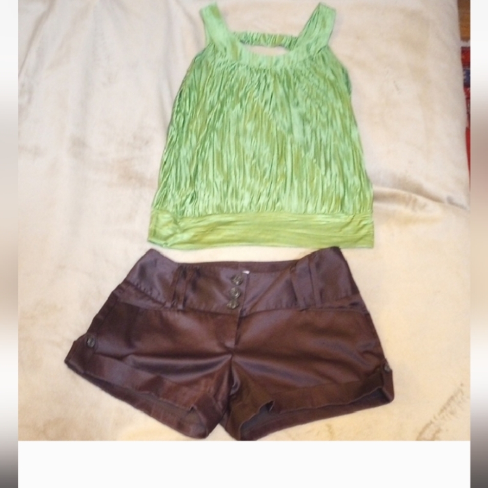 2 PCS Studio Y 3/4 Brown SILKY SHORTS & A. BYER LIME SILKY M TANK OUTFIT